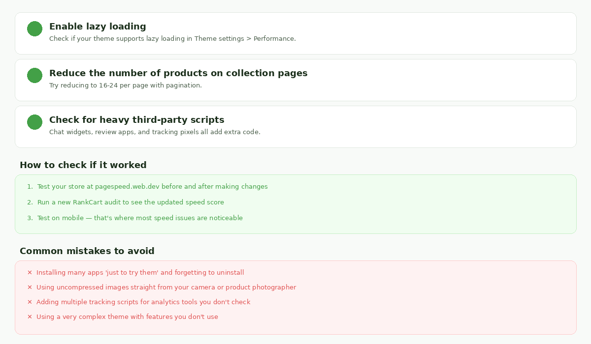 RankCart step-by-step fix guide showing actionable SEO improvement steps, verification checklist, and common mistakes to avoid